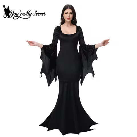 [You're My Secret] Halloween Morticia Adams Primate Black Adams Family Dress Retro Gothic Flared Sle