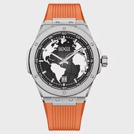 BEXEI 貝克斯 世界地圖戰鬥機指針藍寶石自動機械錶-9136 火耀橘