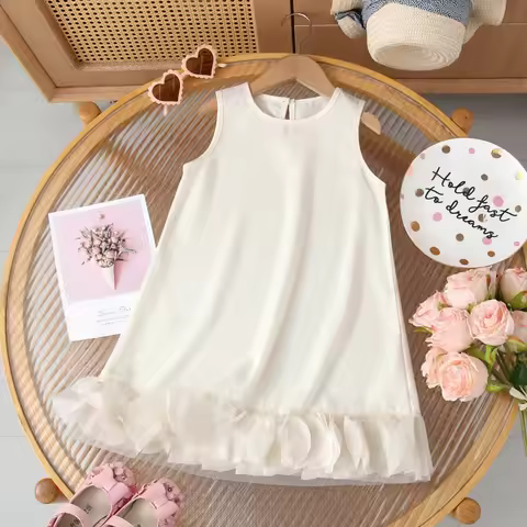 Europe and America Girls Sweet Lace Round Patchwork Hem Sleeveless Dress Vest Dress Kids Clothes