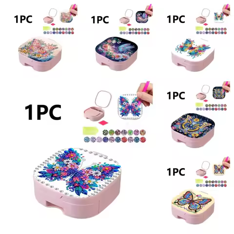 1 DIY butterfly diamond art makeup box, equipped with a mirror and a comb, suitable for home, office