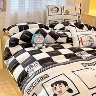 Cartoon Doraemon Black Check 4 IN 1 Bedding Sets Dormitory Bedroom Comforter Cover Flat Bedsheet Pillowcase