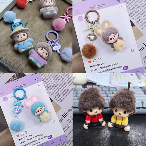 Plush Monchhichi Keychains Cartoon 3D Monchhichi Creative Bag Pendent Decorations Cute Keyrings Phon