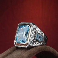 PO Cincin Safir Persegi Aquamarine Mewah Cincin Titanium Perak Vintage