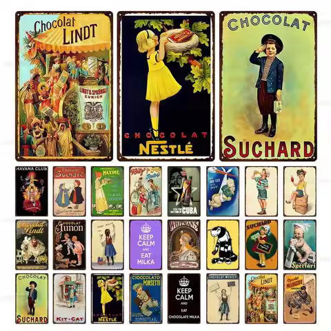 Retro Tin Sign Metal Plate Switzerland Chocolate Milka Suchard Lindt Children Painting Candy Wall Ar