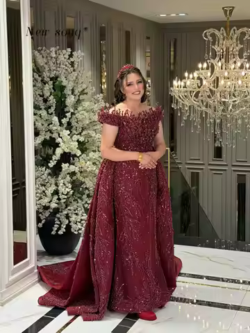 Burgundy Arabic Crystals Off Shoulder Evening Dresses with Overskirt 2026 Dubai Long Wedding Engagem