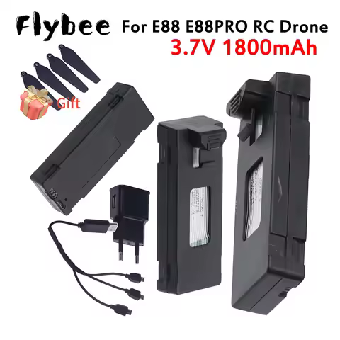 E88 RC Drone Battery and Charger, 3.7V 1800mah Lipo Battery For E88 E88PRO Ls-E525 E525 PRO Mini Uav
