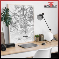 [Poster Only] NEW Johor Bahru City Minimal Map Black and White Large Poster Print / Wall Art