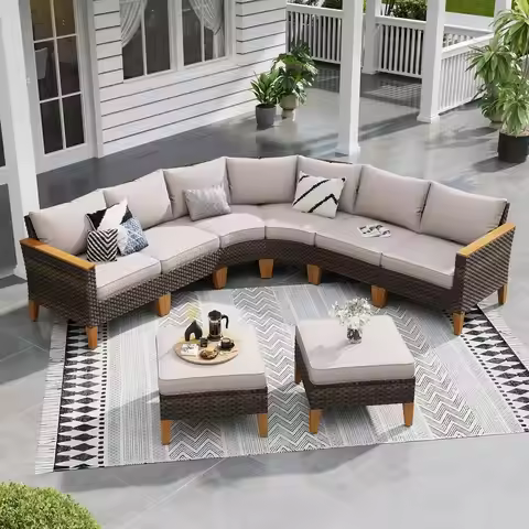 8-Piece Outdoor Sectional Sofa Set with Curved Sofa, Armchairs, Couches, and Ottomans in Beige Wicke