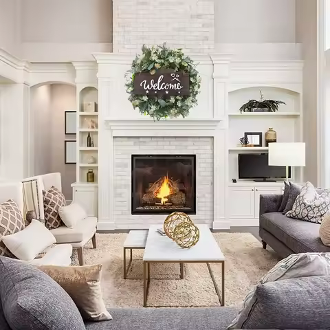 AA94-Artificial Wreath,Store Shop Welcome Front Door Wreaths,Farmhouse Greenery Wreath With Flower F