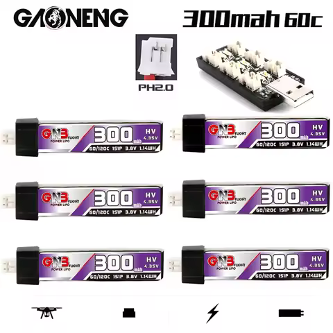 GNB 1S 300mAh 3.8V 60C HV Lipo Battery Charger PH2.0 Plug for US65 UK65 Inductrix Beta65S URUAV UR65
