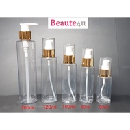 ReadyStock PET Clear Bottle with Gold Pump 60ml, 80ml, 100ml, 120ml & 200ml For Cleansing, Sanitizer