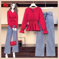 HY Set Pakaian Wanita Plus Size Baju Muslimah Moden Blouse Seluar Jeans 2 pcs Set Wear Women Clothes