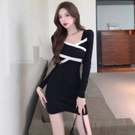 MINI KNITTING DRESS RAJUT HITAM CROSS LENGAN PANJANG GAUN PENDEK KOREA