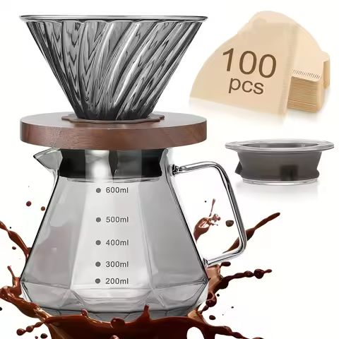 Pour Over Coffee Maker Set, 20oz/600ml Borosilicate Glass Carafe with 100 pcs V02 Paper Filter, Waln