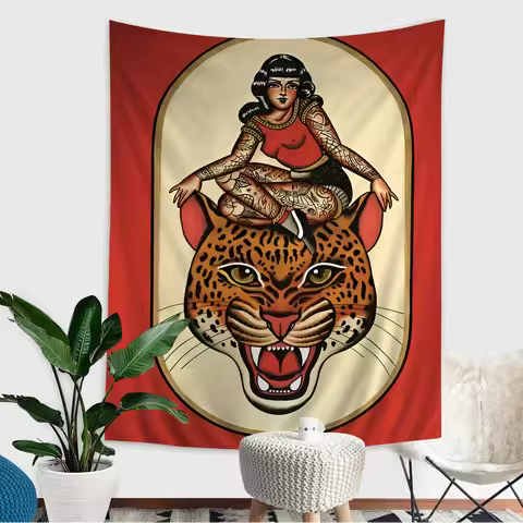 VIKAMA Wild Tiger Tapestry Vintage Tattoo Woman Living with Beasts Fade-proof Living Room Bedroom De