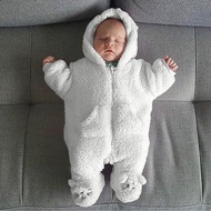 ชุดผ้าฟลีซให้ความอุ่นผ้าฝ้ายมีฮู้ดสีขาวเด็กทารก MVIA ฤดูหนาวชุดหมีเด็กอ่อนแบบจัมป์สูท