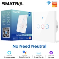 SMATRUL Smart Light Switch Tuya WiFi Switch NO Neutral Wire Needed Black 1/2/3/4 gang Tempered Glass Touch Panel Touch Wall Mount 2.4 GHZ Switches Works for Alexa/Google Home/天猫精灵