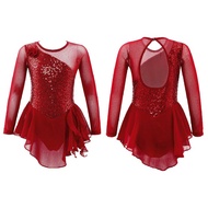 Girls Figure Ice Skating Dress Sparkly Sequin Gymnastics Dance Ballet Tutu Leotard Kids Long Sleeve 