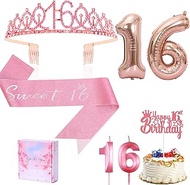 16th Birthday Candle Sash and Tiara,”Sweet 16th“ Birthday Sash Rhinestone Crown Happy Birthday Cake 
