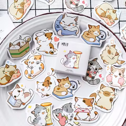 Mohamm 45 Pcs Cute Cat Scrapbooking Stickers Cartoon Paper Sticker Flakes Stationary Office Accessor