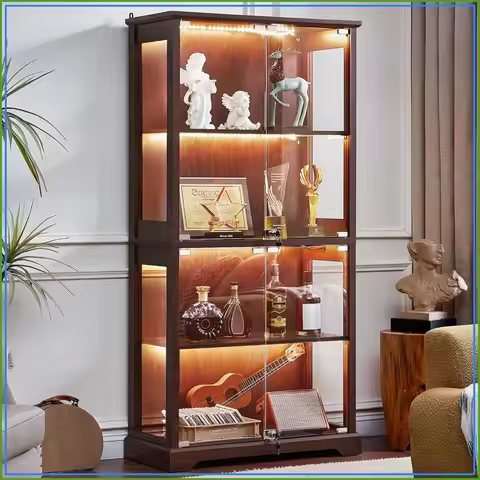 Farmhouse Glass Display Cabinet with Lock, Walnut
