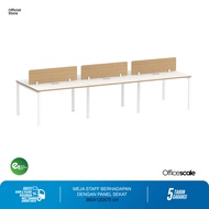 Officescale Meja Kerja Kantor Peyambung Berhadapan 6 Orang + Panel Sekat - White Pine, 360x120x75 cm