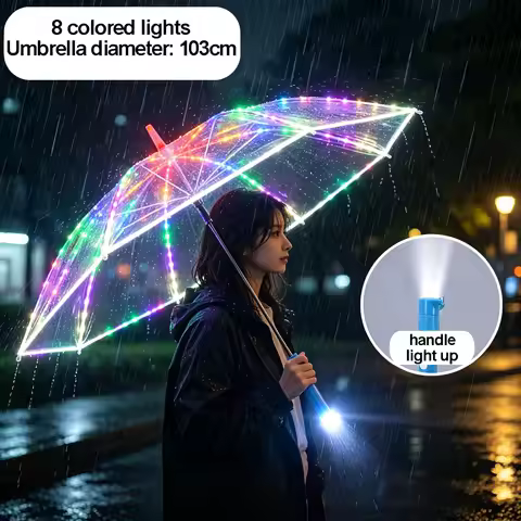 8 Ribs Clear Umbrella with Built-in Flashlight Lighting Colorful Luminous Umbrella for Rainy Day Dan