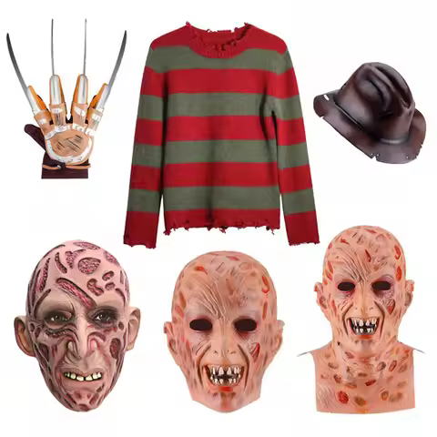 Freddy Krueger Cosplay Costume Women Sweater Red Striped Knitting Top Hat Mask Claw Freddie Krueger 