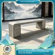 Outdoor Stone Long Bench with Backrest, Natural Marble Seat for Park Garden Courtyard Villa, Heavy-D