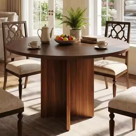 Rustic Walnut 47 Round Dining Table for 4-6, X-Shaped Pedestal Base