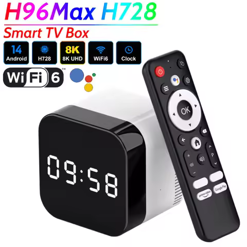H96Max H728 Smart TV Box Android 14.0 Alarm Clock Media Player 8K Octa-core with 2.4G Voice Remote C