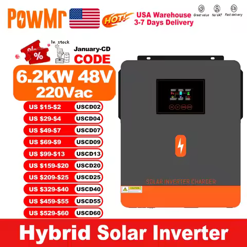 PowMr 6.2KW 48V Hybrid Solar Inverters 230Vac Output With MPPT 120A Charger for Max Panel PV 500VDC 