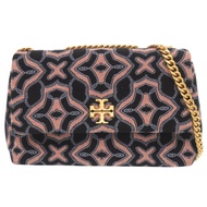 Tory Burch 小號 Kira 可轉換單肩背包，成色極佳，金色五金配件，皮革提花布料，粉紅色、藍色和黑色拼接。 0709 [二手] Tory Burch