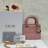 Dior CD LADY M0505 MINI 3X3 梅子粉紅色羊皮金釦 黛妃包手提斜背包