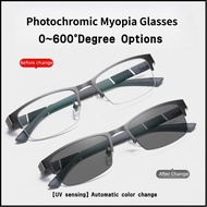 in 24h]Photochromic Myopia [Ship Glasses Power Business Metal Half Frame Anti Blue Light with Spring