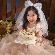 Children Birthday Princess Dress Veil Fluffy Yarn Hair Accessories Hair Clip Bow Super Fairy Dinner 