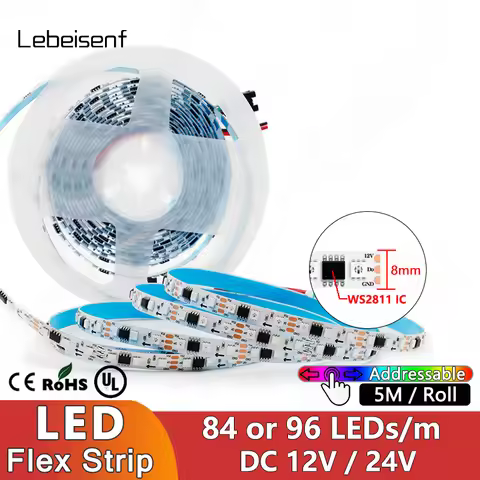 8mm Narrow LED Addressable Magic Color RGB 5050 3535 Strip 84 96 LEDs/m WS2811 Built-in IC DC 12V 24