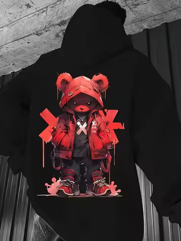Men's Black OG Bear Graphic Hoodie with Red X Design and Drip Effect, Streetwear Pullover for Urban 