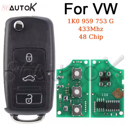 Car Key for VW VOLKSWAGEN Golf Jetta Caddy EOS SIROCCO Tiguan Touran Skoda HU66 48 Chip 1K0 959 753 