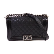 CHANEL 菱格牛皮皮革Boy Chanel 25 Chain Shoulder Bag銀扣鏈帶肩背袋黑色