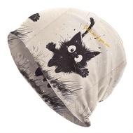 Adorable Black Cat Design Bonnet Hat - Funky Hip Hop Style, Stretchy Polyester Blend Cap for Men & W