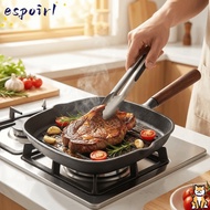 ESPOIR Steak Skillet‌, Wooden Handle Cast Iron Non Stick Frying Pan, Durable Spout Uncoated Multifun