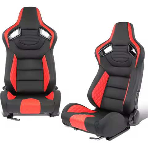 Pair of Universal Reclinable Racing Seats with Bottom Mount Sliders, 21" W X 22" D X 38" H, Black/Re
