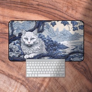 Desk Mat Cat, Blue Gaming Desk Mat, Keyboard Mat for Cat Lovers, Blue and White Deskmat, Giant Desk Mat, Cat Lover Gifts