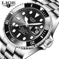 LIGE Original นาฬิกาผู้ชาย 30 ATM สแตนเลสกันน้ำปฏิทินนาฬิกาข้อมือควอตซ์ + กล่อง