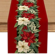 1pc, Linen Table Runner,Vintage Christmas Table Runner Festive Red Christmas Table Runner With Poins