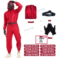 Squid game ชุดจั๊มสูทสีแดงสำหรับผู้ใหญ่และเด็กชุดคอสเพลย์ผู้หญิงป้องกันสำหรับเกมปลาหมึกพร้อมเข็มขัดก