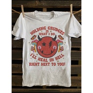 【 Charm 】 Men's Punk Rock Pattern T-Shirt - Funny Slogan "Hold A Grudge" Cartoon Demon Design Soft 1