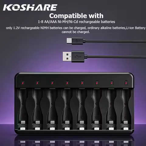 KOSHARE 8 Slot AA AAA LED Smart Battery Charger With Type-C Port Input Fast Charging For 1.2V Ni-MH 