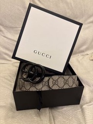 Gucci GG Marmont 黑色雙G扣老花皮帶 (3cm 寬)